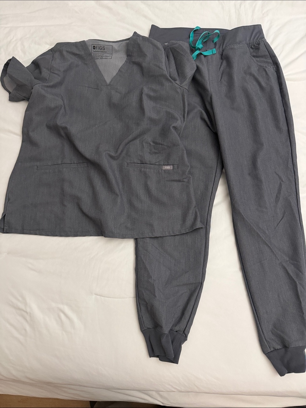 FIGS Women's Charcoal Gray Scrub Top & Jogger Pants with Teal Drawstring
